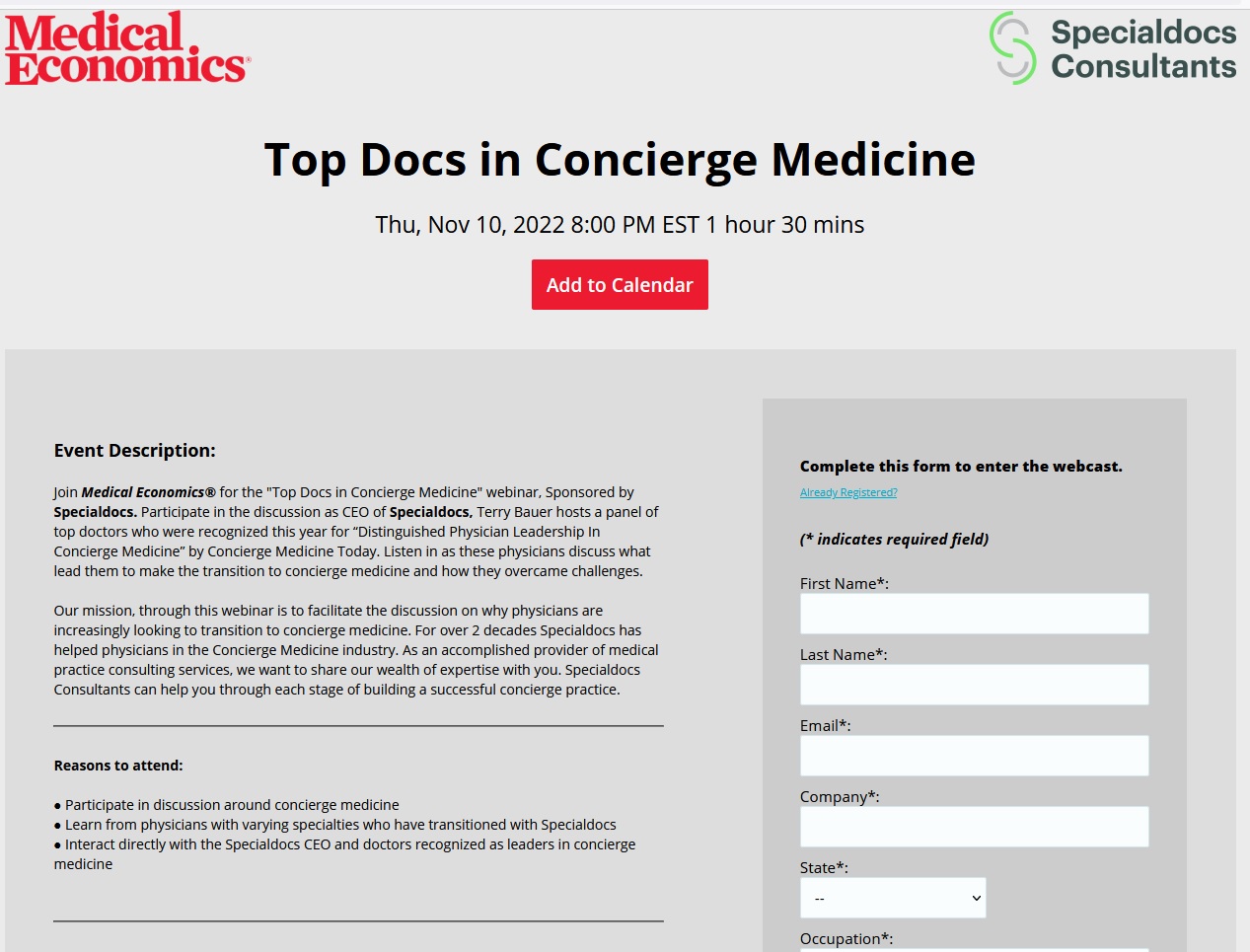 Webinar 8pm ET | Join Medical Economics® for the “Top Docs in Concierge Medicine” webinar, Sponsored by Specialdocs.